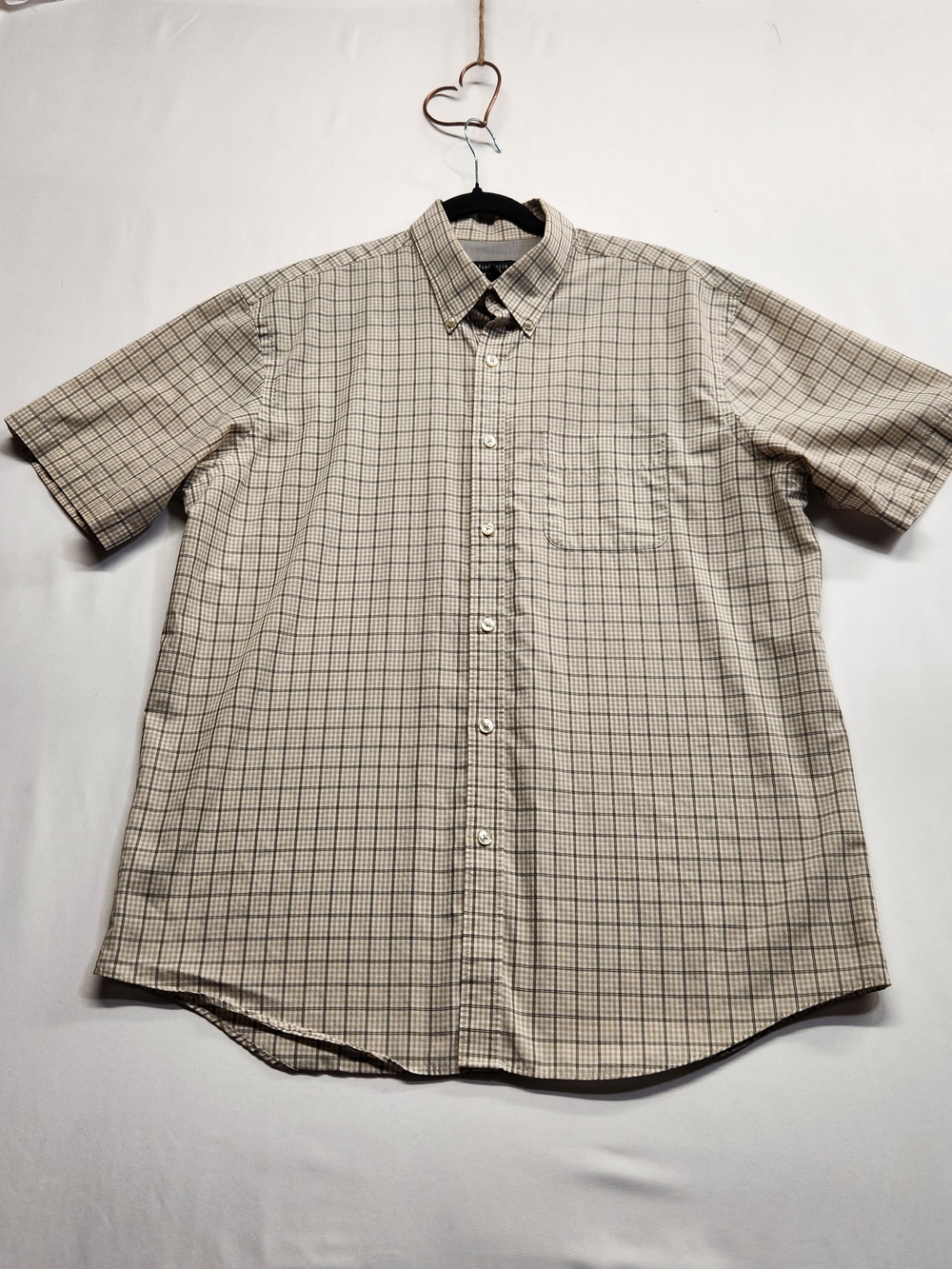 ⭐️Van Heusen Tan Plaid Short Sleeve Button Down Shirt Men L 16 16.5 Business